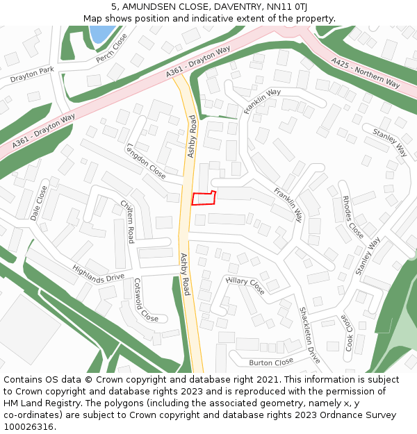 5, AMUNDSEN CLOSE, DAVENTRY, NN11 0TJ: Location map and indicative extent of plot