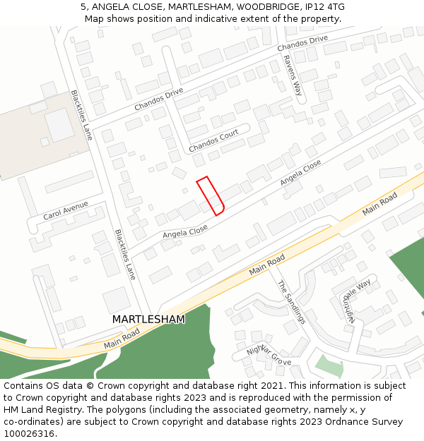 5, ANGELA CLOSE, MARTLESHAM, WOODBRIDGE, IP12 4TG: Location map and indicative extent of plot