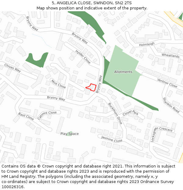 5, ANGELICA CLOSE, SWINDON, SN2 2TS: Location map and indicative extent of plot