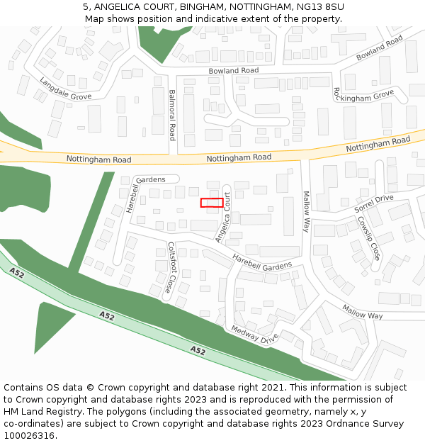 5, ANGELICA COURT, BINGHAM, NOTTINGHAM, NG13 8SU: Location map and indicative extent of plot