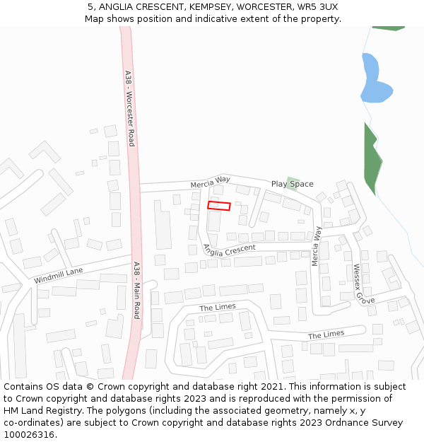 5, ANGLIA CRESCENT, KEMPSEY, WORCESTER, WR5 3UX: Location map and indicative extent of plot