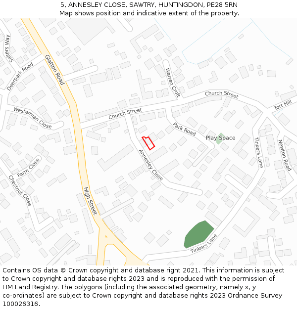 5, ANNESLEY CLOSE, SAWTRY, HUNTINGDON, PE28 5RN: Location map and indicative extent of plot