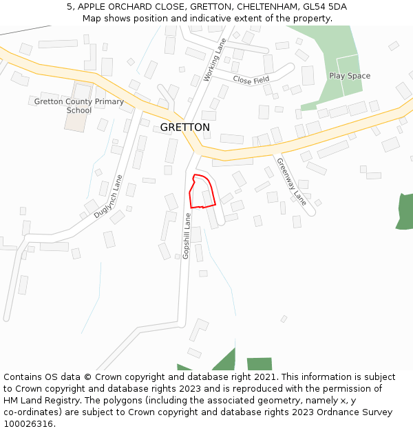 5, APPLE ORCHARD CLOSE, GRETTON, CHELTENHAM, GL54 5DA: Location map and indicative extent of plot