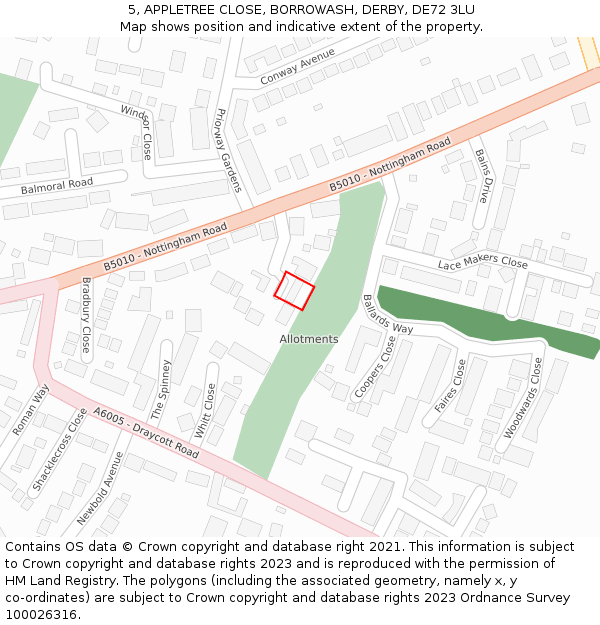 5, APPLETREE CLOSE, BORROWASH, DERBY, DE72 3LU: Location map and indicative extent of plot