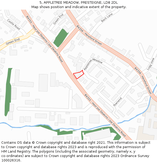 5, APPLETREE MEADOW, PRESTEIGNE, LD8 2DL: Location map and indicative extent of plot