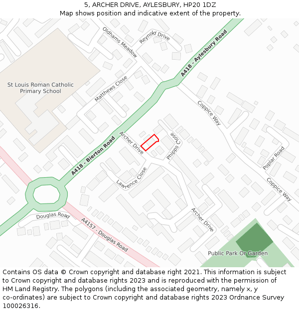 5, ARCHER DRIVE, AYLESBURY, HP20 1DZ: Location map and indicative extent of plot