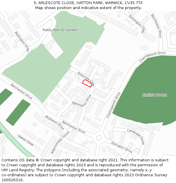 5, ARLESCOTE CLOSE, HATTON PARK, WARWICK, CV35 7TX: Location map and indicative extent of plot