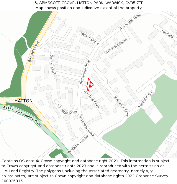 5, ARMSCOTE GROVE, HATTON PARK, WARWICK, CV35 7TP: Location map and indicative extent of plot