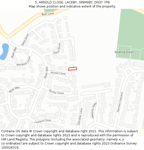 5, ARNOLD CLOSE, LACEBY, GRIMSBY, DN37 7FB: Location map and indicative extent of plot