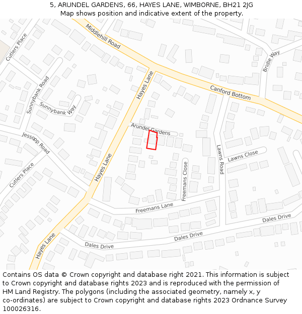 5, ARUNDEL GARDENS, 66, HAYES LANE, WIMBORNE, BH21 2JG: Location map and indicative extent of plot