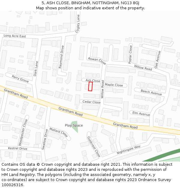 5, ASH CLOSE, BINGHAM, NOTTINGHAM, NG13 8GJ: Location map and indicative extent of plot