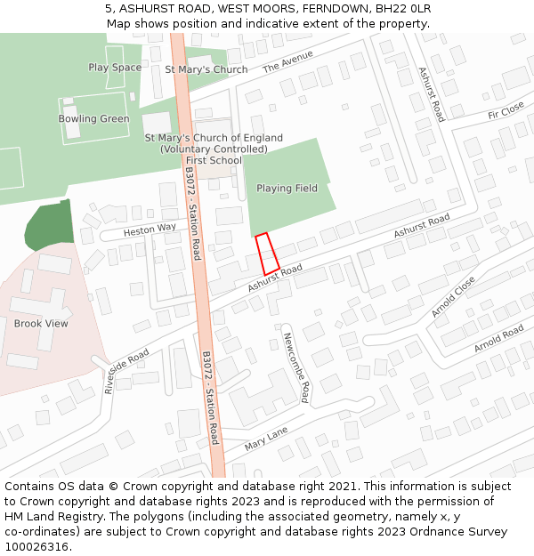 5, ASHURST ROAD, WEST MOORS, FERNDOWN, BH22 0LR: Location map and indicative extent of plot