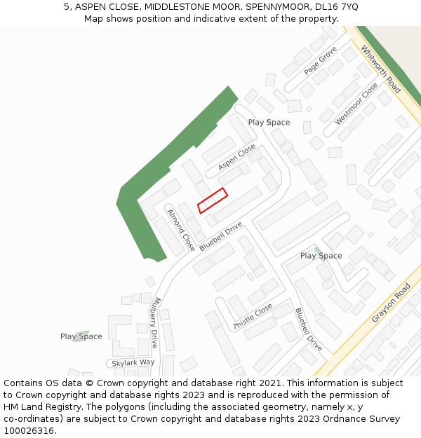 5, ASPEN CLOSE, MIDDLESTONE MOOR, SPENNYMOOR, DL16 7YQ: Location map and indicative extent of plot