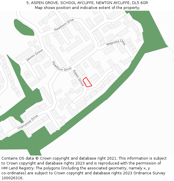 5, ASPEN GROVE, SCHOOL AYCLIFFE, NEWTON AYCLIFFE, DL5 6GR: Location map and indicative extent of plot