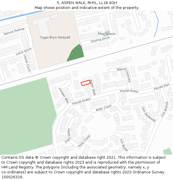 5, ASPEN WALK, RHYL, LL18 4GH: Location map and indicative extent of plot