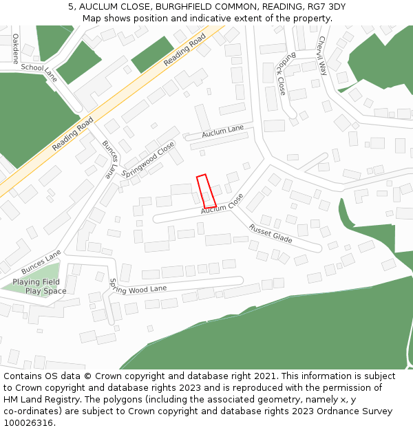 5, AUCLUM CLOSE, BURGHFIELD COMMON, READING, RG7 3DY: Location map and indicative extent of plot