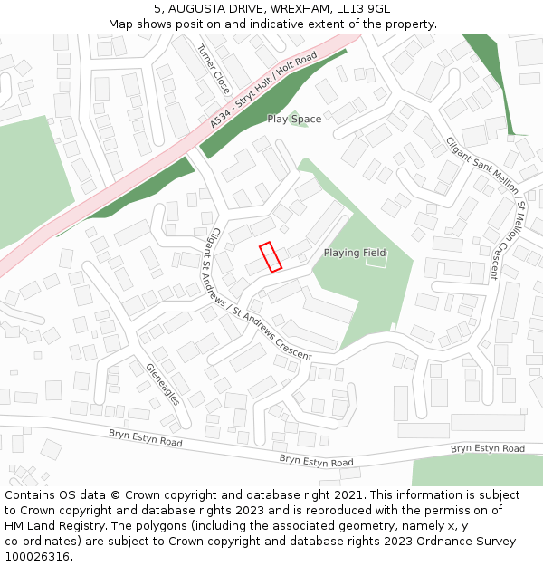 5, AUGUSTA DRIVE, WREXHAM, LL13 9GL: Location map and indicative extent of plot