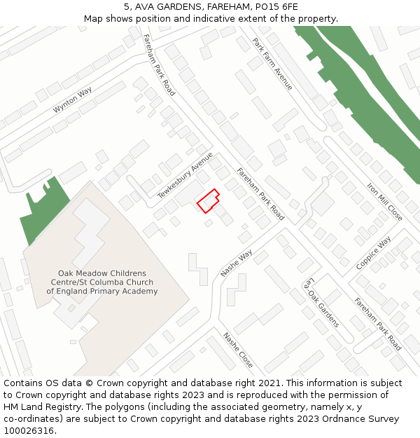 5, AVA GARDENS, FAREHAM, PO15 6FE: Location map and indicative extent of plot