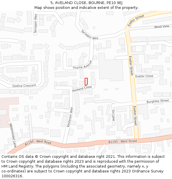 5, AVELAND CLOSE, BOURNE, PE10 9EJ: Location map and indicative extent of plot