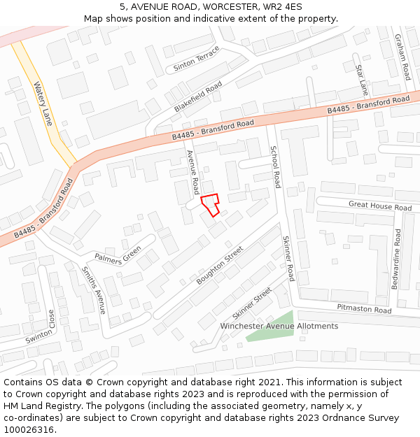 5, AVENUE ROAD, WORCESTER, WR2 4ES: Location map and indicative extent of plot