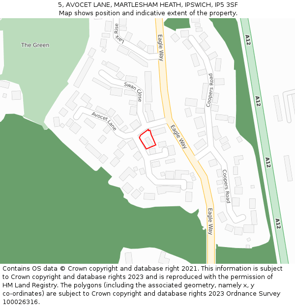 5, AVOCET LANE, MARTLESHAM HEATH, IPSWICH, IP5 3SF: Location map and indicative extent of plot