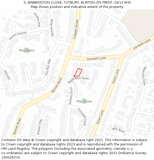 5, BABBINGTON CLOSE, TUTBURY, BURTON-ON-TRENT, DE13 9HX: Location map and indicative extent of plot