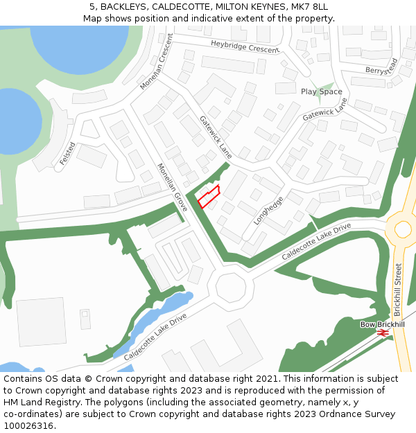 5, BACKLEYS, CALDECOTTE, MILTON KEYNES, MK7 8LL: Location map and indicative extent of plot