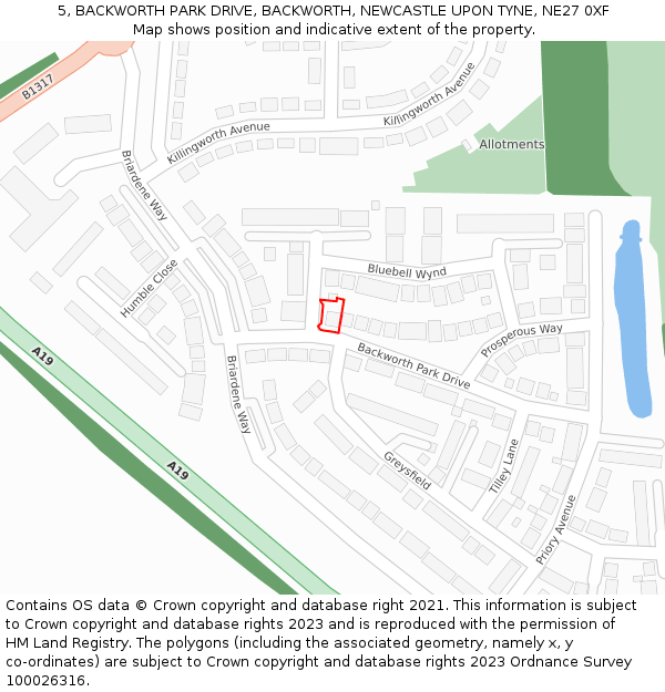 5, BACKWORTH PARK DRIVE, BACKWORTH, NEWCASTLE UPON TYNE, NE27 0XF: Location map and indicative extent of plot