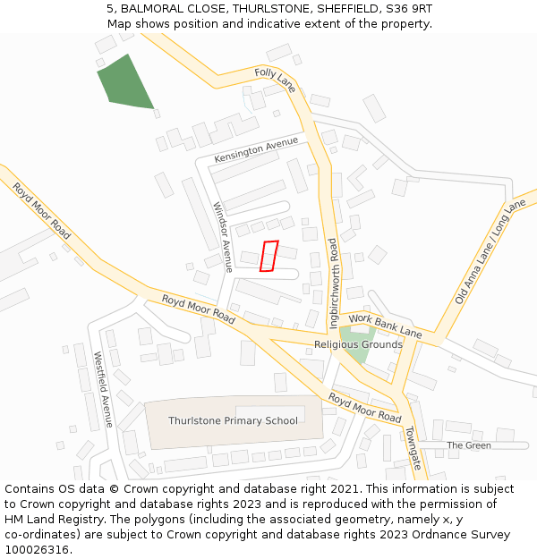 5, BALMORAL CLOSE, THURLSTONE, SHEFFIELD, S36 9RT: Location map and indicative extent of plot