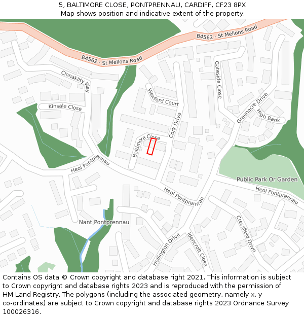 5, BALTIMORE CLOSE, PONTPRENNAU, CARDIFF, CF23 8PX: Location map and indicative extent of plot