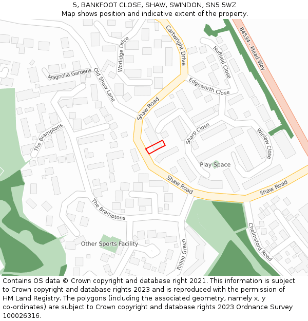 5, BANKFOOT CLOSE, SHAW, SWINDON, SN5 5WZ: Location map and indicative extent of plot