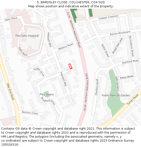 5, BARDSLEY CLOSE, COLCHESTER, CO4 5GS: Location map and indicative extent of plot