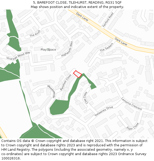 5, BAREFOOT CLOSE, TILEHURST, READING, RG31 5QF: Location map and indicative extent of plot