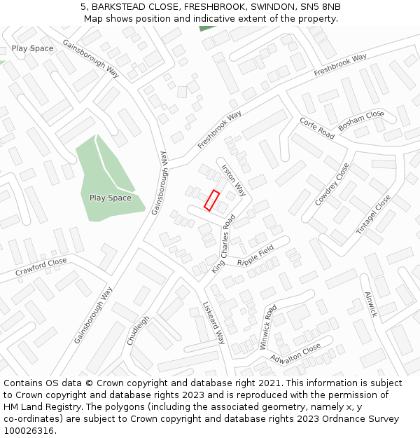 5, BARKSTEAD CLOSE, FRESHBROOK, SWINDON, SN5 8NB: Location map and indicative extent of plot