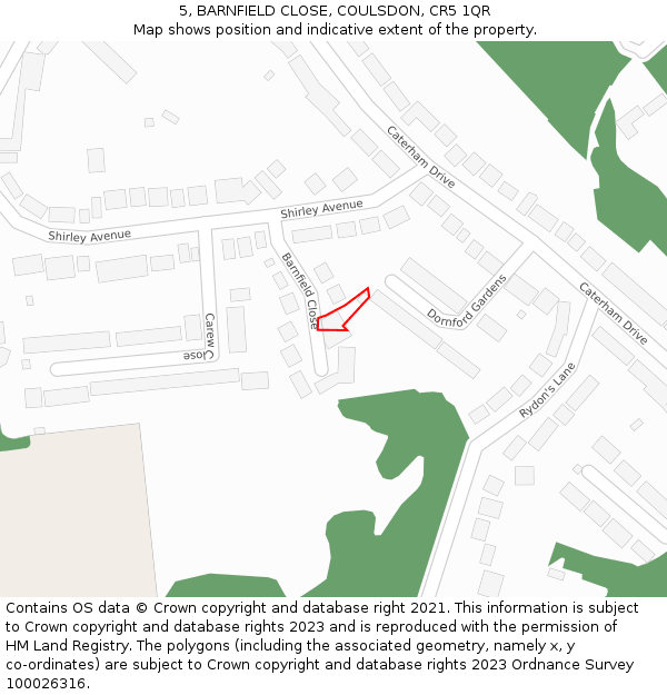 5, BARNFIELD CLOSE, COULSDON, CR5 1QR: Location map and indicative extent of plot