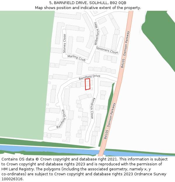 5, BARNFIELD DRIVE, SOLIHULL, B92 0QB: Location map and indicative extent of plot