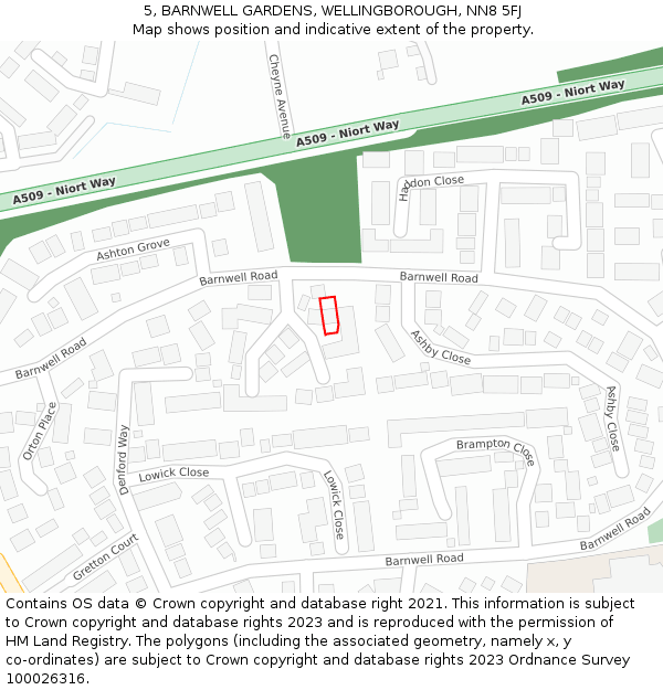 5, BARNWELL GARDENS, WELLINGBOROUGH, NN8 5FJ: Location map and indicative extent of plot