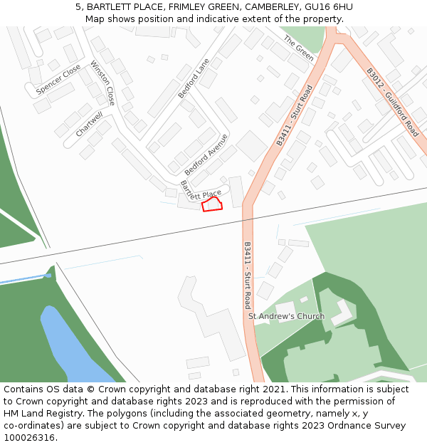 5, BARTLETT PLACE, FRIMLEY GREEN, CAMBERLEY, GU16 6HU: Location map and indicative extent of plot