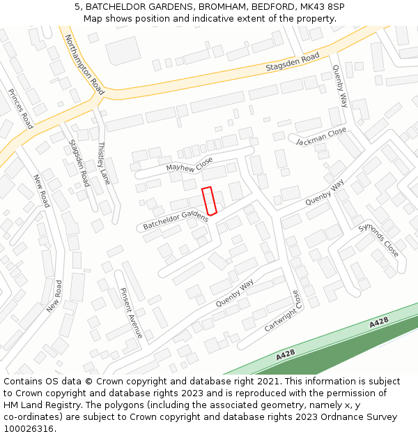 5, BATCHELDOR GARDENS, BROMHAM, BEDFORD, MK43 8SP: Location map and indicative extent of plot