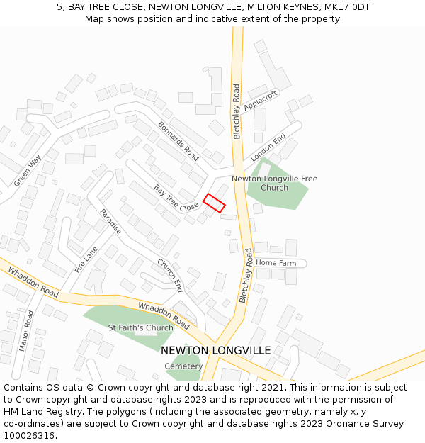 5, BAY TREE CLOSE, NEWTON LONGVILLE, MILTON KEYNES, MK17 0DT: Location map and indicative extent of plot