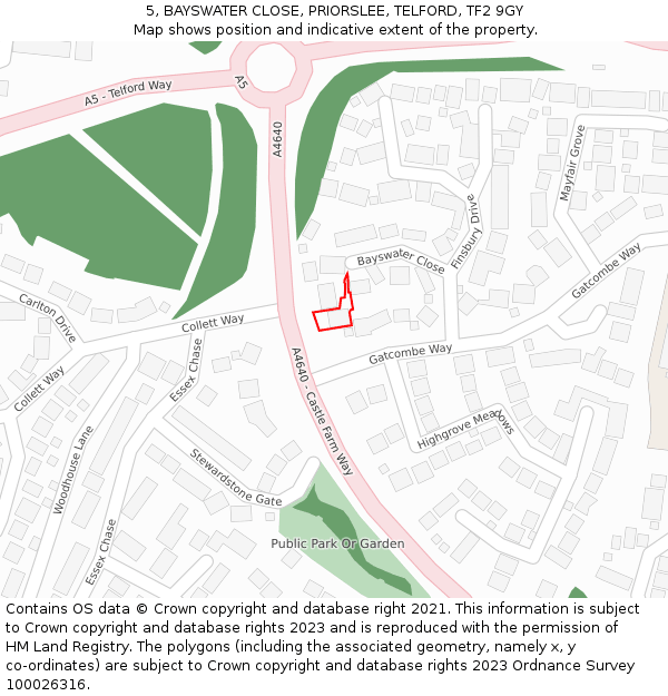 5, BAYSWATER CLOSE, PRIORSLEE, TELFORD, TF2 9GY: Location map and indicative extent of plot