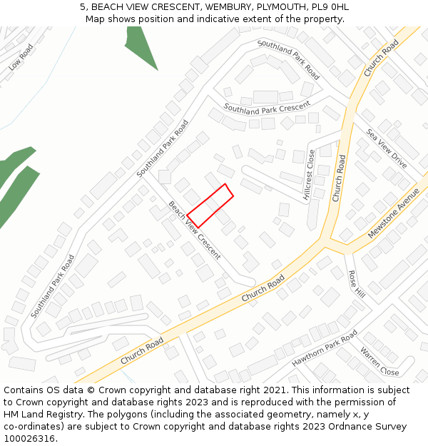 5, BEACH VIEW CRESCENT, WEMBURY, PLYMOUTH, PL9 0HL: Location map and indicative extent of plot