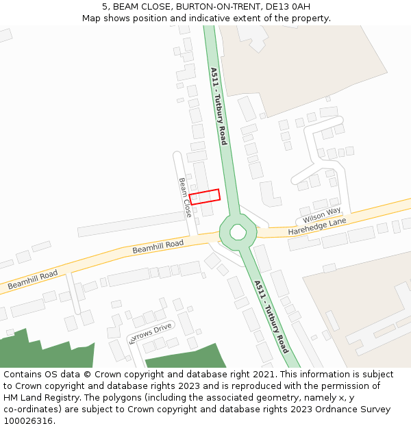 5, BEAM CLOSE, BURTON-ON-TRENT, DE13 0AH: Location map and indicative extent of plot