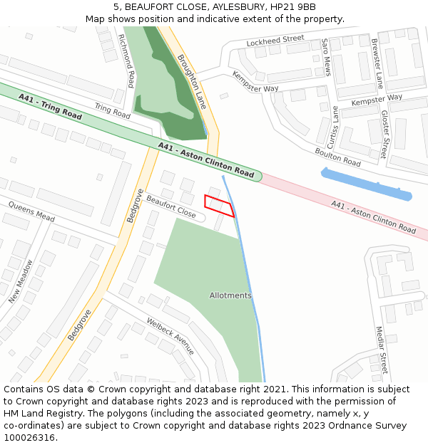 5, BEAUFORT CLOSE, AYLESBURY, HP21 9BB: Location map and indicative extent of plot