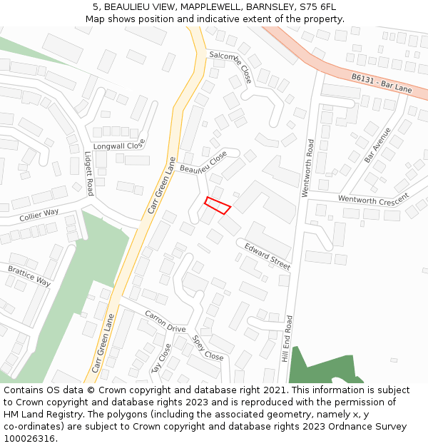 5, BEAULIEU VIEW, MAPPLEWELL, BARNSLEY, S75 6FL: Location map and indicative extent of plot