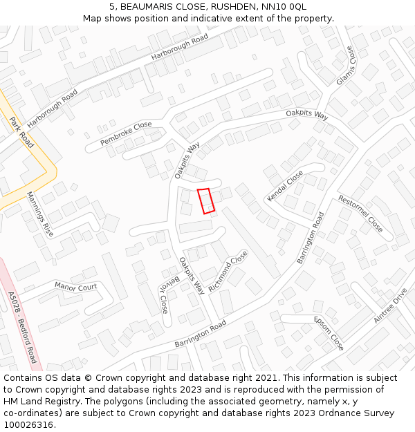 5, BEAUMARIS CLOSE, RUSHDEN, NN10 0QL: Location map and indicative extent of plot