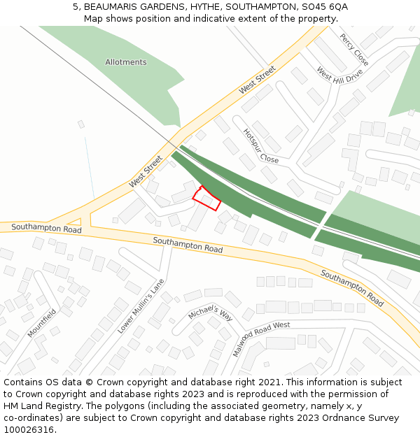 5, BEAUMARIS GARDENS, HYTHE, SOUTHAMPTON, SO45 6QA: Location map and indicative extent of plot