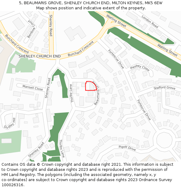 5, BEAUMARIS GROVE, SHENLEY CHURCH END, MILTON KEYNES, MK5 6EW: Location map and indicative extent of plot