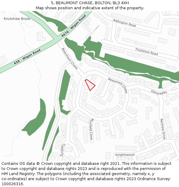 5, BEAUMONT CHASE, BOLTON, BL3 4XH: Location map and indicative extent of plot