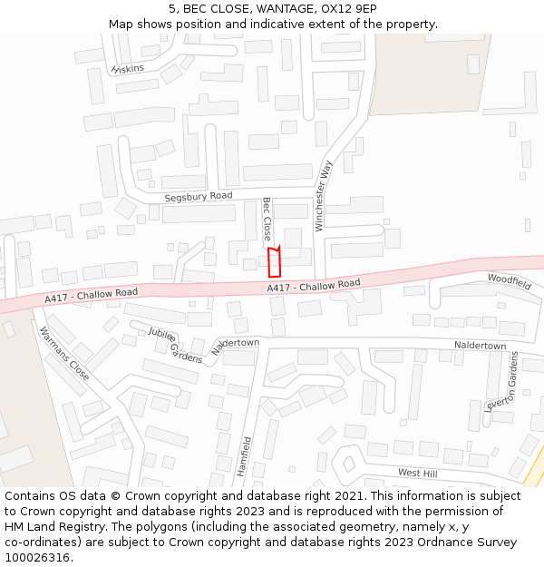 5, BEC CLOSE, WANTAGE, OX12 9EP: Location map and indicative extent of plot